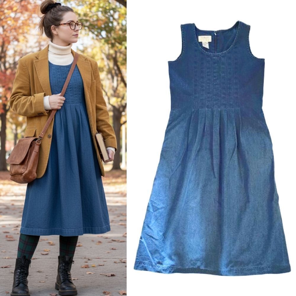 VTG 90s Talbots Dark Blue Denim Sleeveless Midi Jean Jumper‎ Dress Size 4P